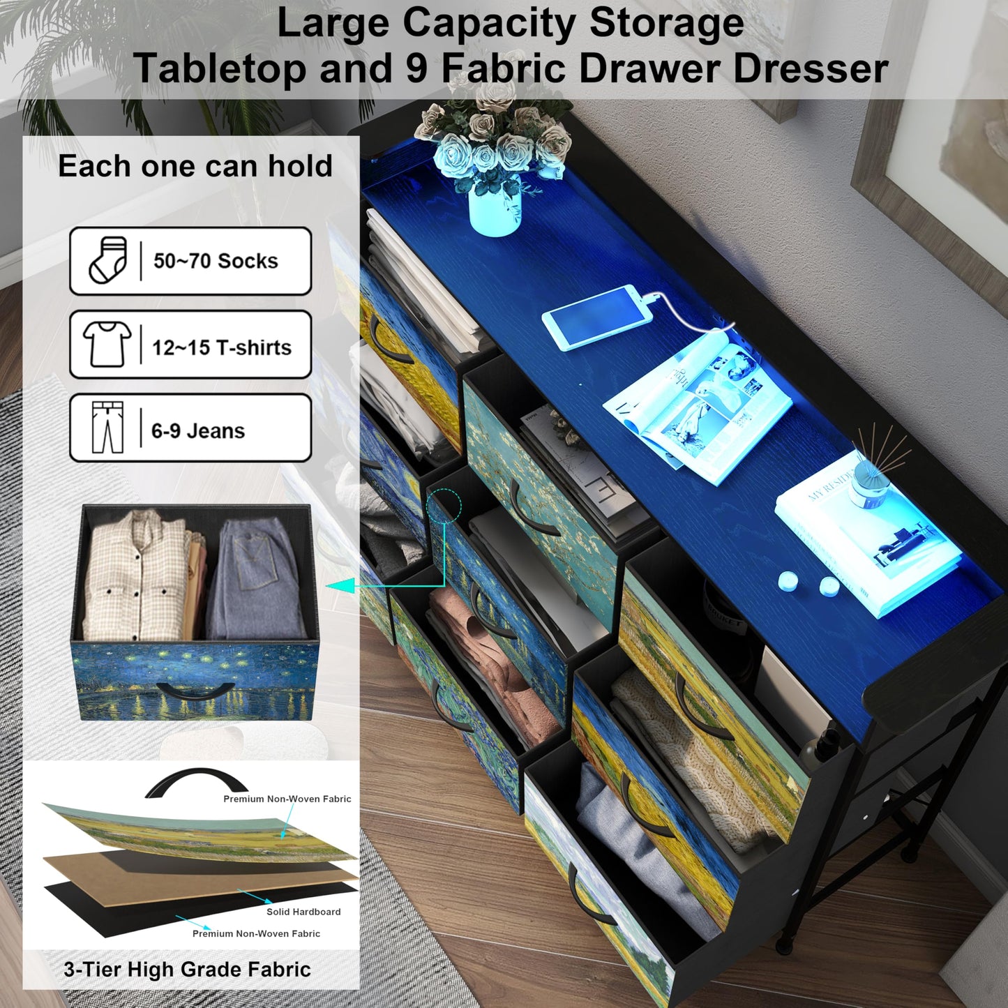 Welfuturer Dresser for Bedroom with 9 Drawers Van Gogh Dressers & Chest of Drawers Fabric Clothes Drawer Fabric Closet Organizer for Living Room Entryway Closet Nursery Sturdy Steel Frame Wood Top