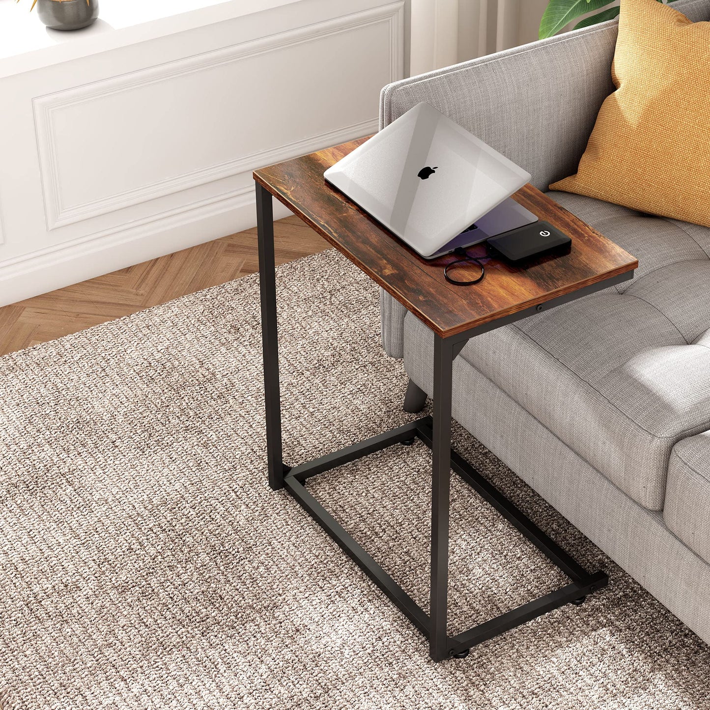 WLIVE C-Shaped End Table, Small Side Tables for Sofa, Wide Couch Table That Slide Under, Laptop Snack Table for Living Room, Bedroom, Home Office, Retro Brown