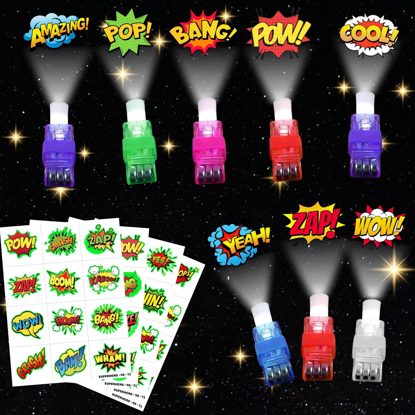 72 PCS Superhero Party Favors – 48 PCS Tattoos & 24 PCS LED Finger Lights Combo – Birthday Goodie Bag Fillers, Party Supplies, Gifts Light Up Toys Glow In The Dark for Boys and Girls