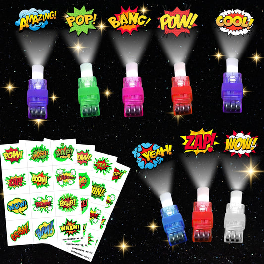 72 PCS Superhero Party Favors – 48 PCS Tattoos & 24 PCS LED Finger Lights Combo – Birthday Goodie Bag Fillers, Party Supplies, Gifts Light Up Toys Glow In The Dark for Boys and Girls