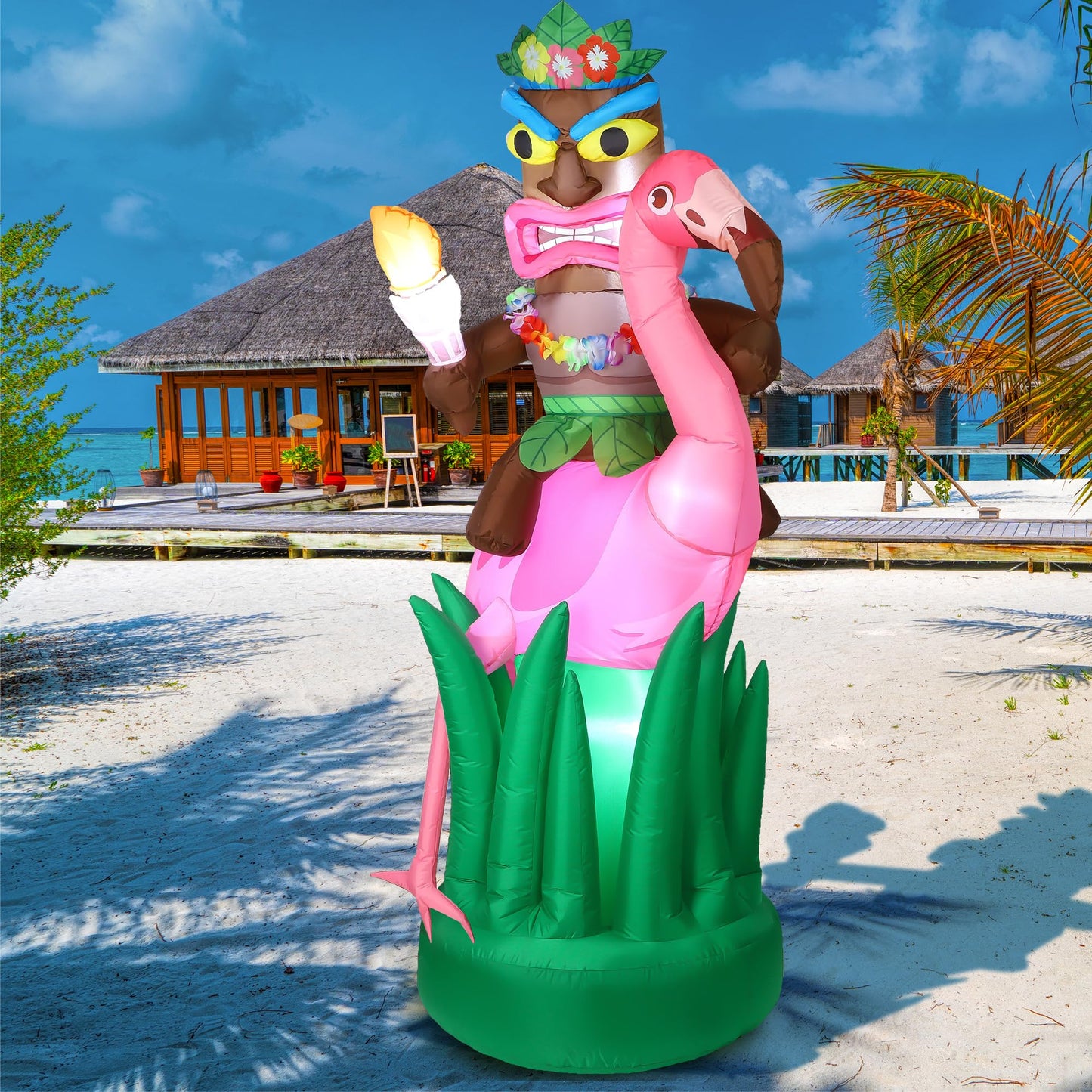 Vivantia 6 Ft Inflatable Tiki Flamingo Decor Hawaiian Tiki Inflatable with Air Blower LED Lighted Outdoor Decoration Blow Up Garden Decor for Summer Tropical Yard Garden Hawaiian Party Supplies