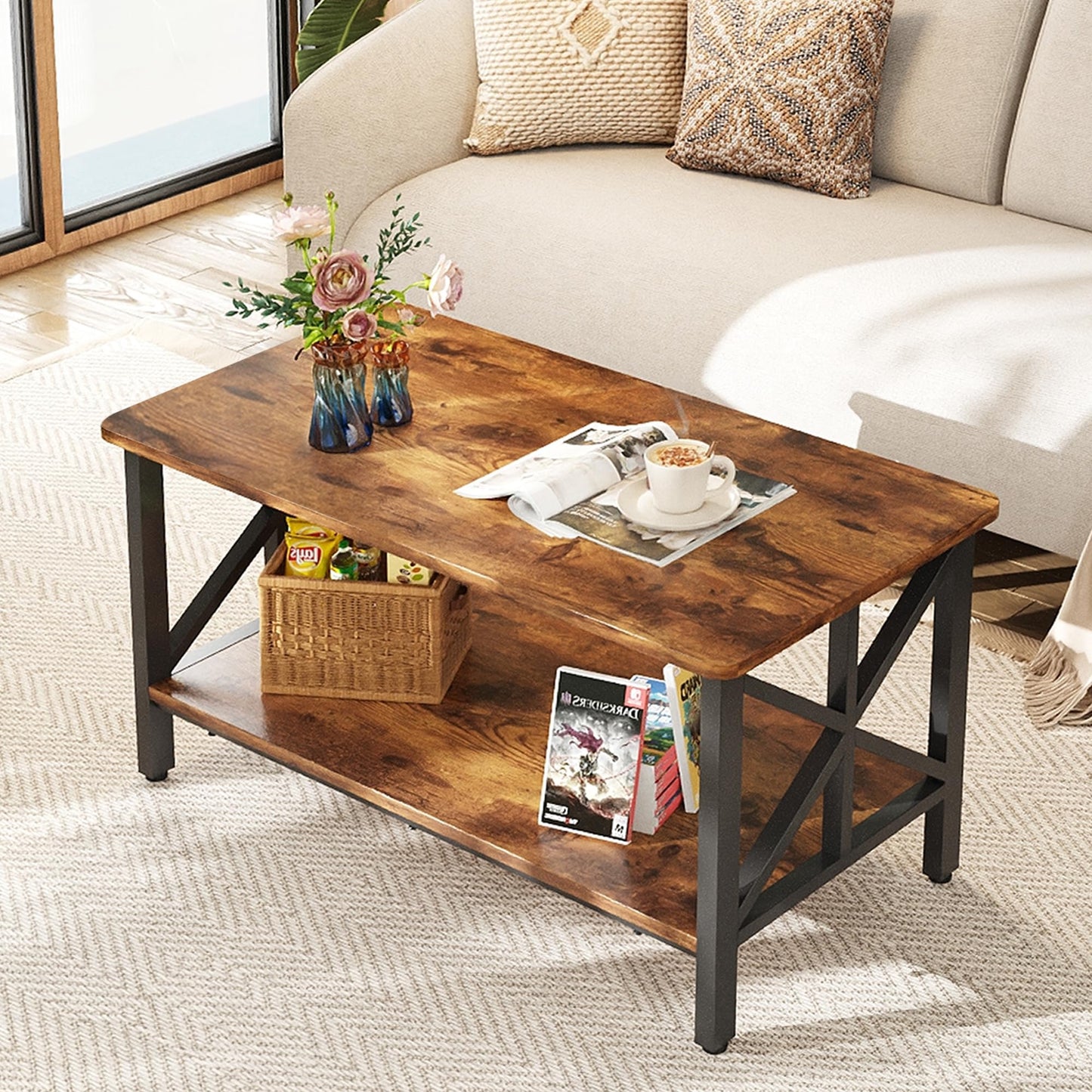 WLIVE Coffee Table for Living Room, 39" Modern 2-Tier Center Table with Round Corners, Storage Shelf, Farmhouse Style Small Coffee Table with Metal Frame, Rustic Brown