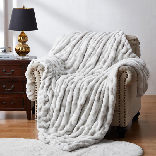 WDCOZY Ruched Faux Fur Throw Blanket Soft Cozy Fluffy Luxurious Blankets Couch Bed Sofa Chair Home Decor Warm Furry Fall Winter Plush Rabbit Fur Bubble Blanket 60" x 80", Grey