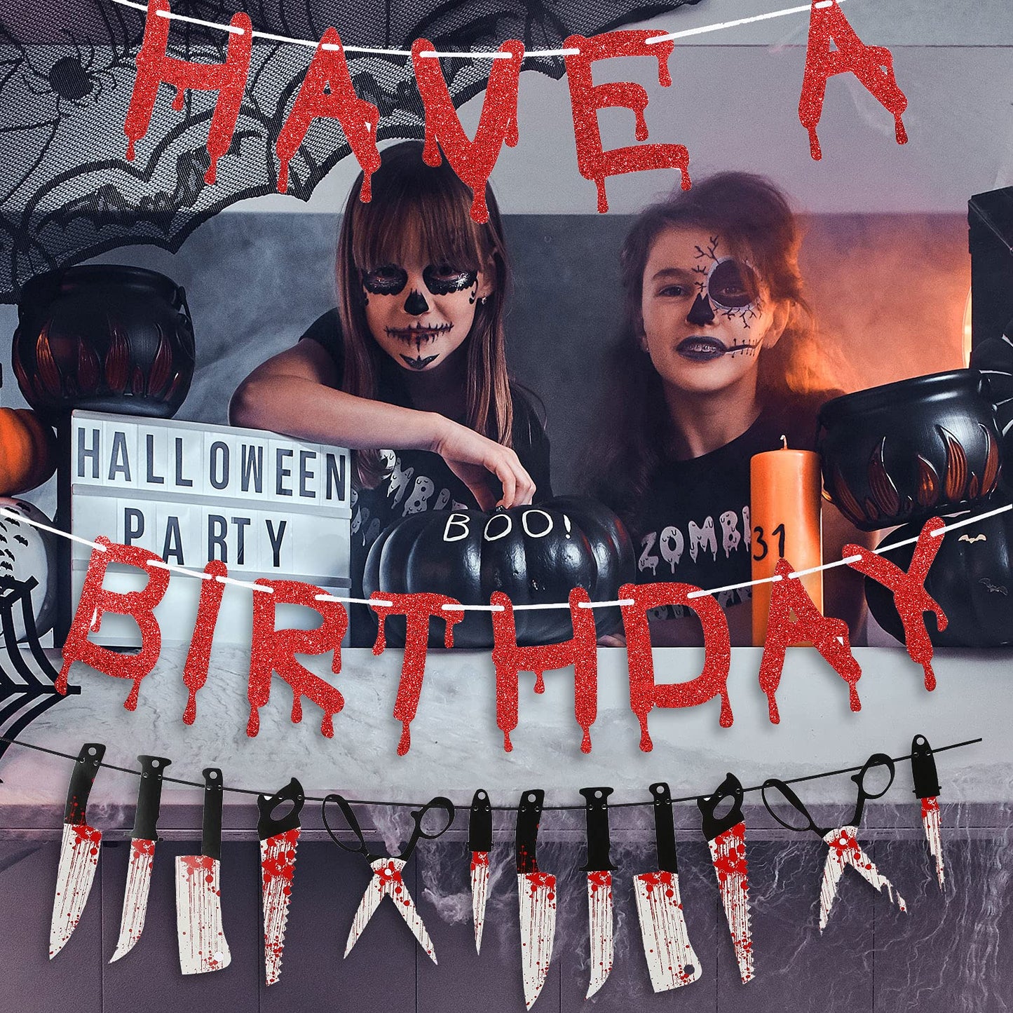 4 Pcs Have A Killer Birthday Banner Halloween Party Decorations Knife Hanging Banner for Halloween Horror Themed Birthday Supplies