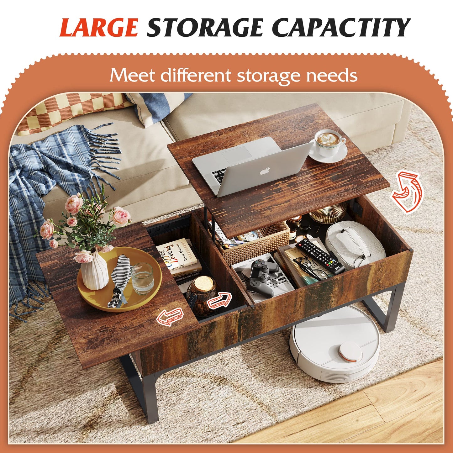 WLIVE Lift Top Coffee Table with Storage, 40.9" Coffee Table with Lifting Top & Sliding Cover, Wood Modern Center Table with 2 Hidden Compartment for Living Room, Retro Brown
