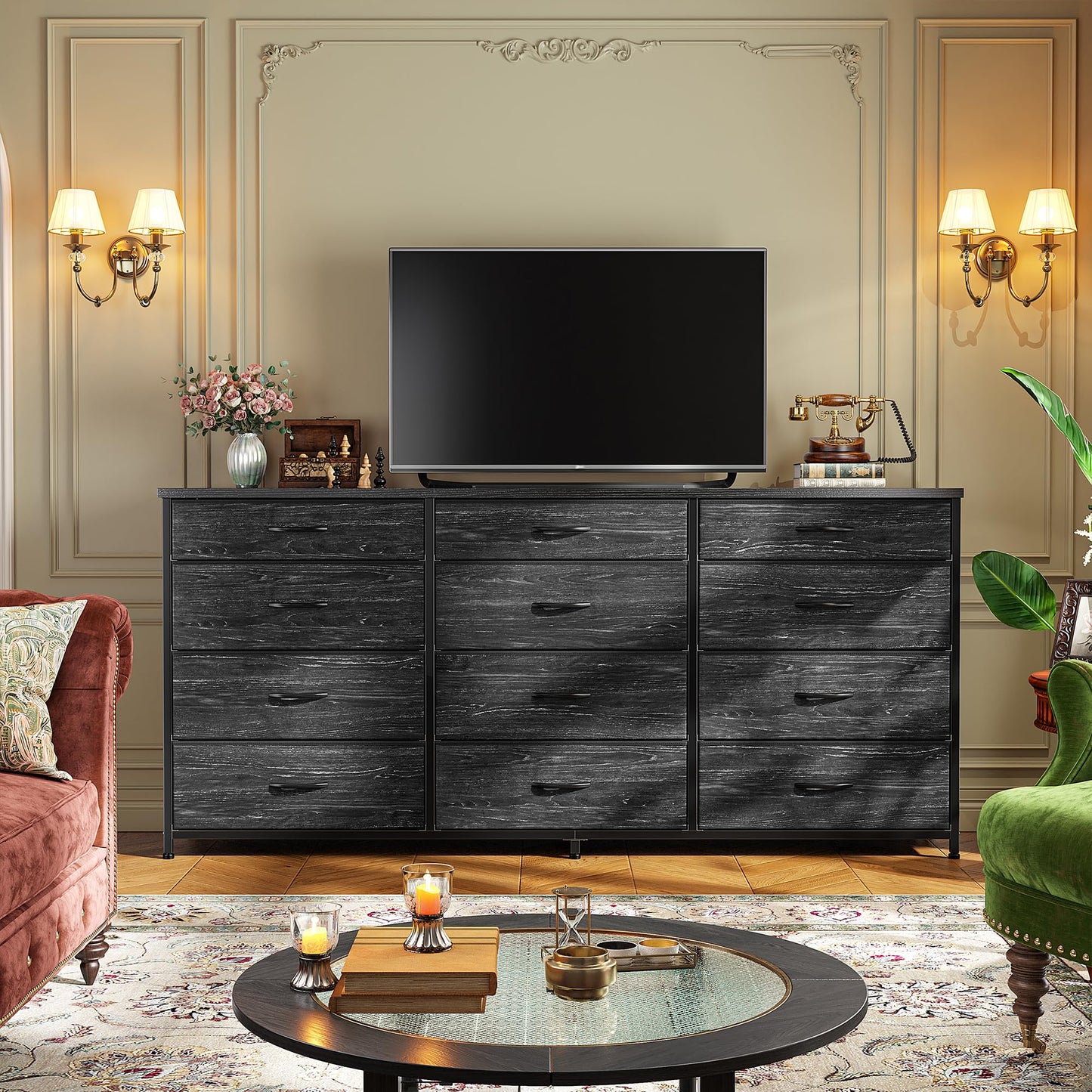 55" Long Dresser for Bedroom with 12 Fabric Drawers, Entertainment Center for 60 inch TV Dressers & Chests of Drawers Large Storage Organizer for Closet, Living Room, Metal Frame, Wood Top, Black