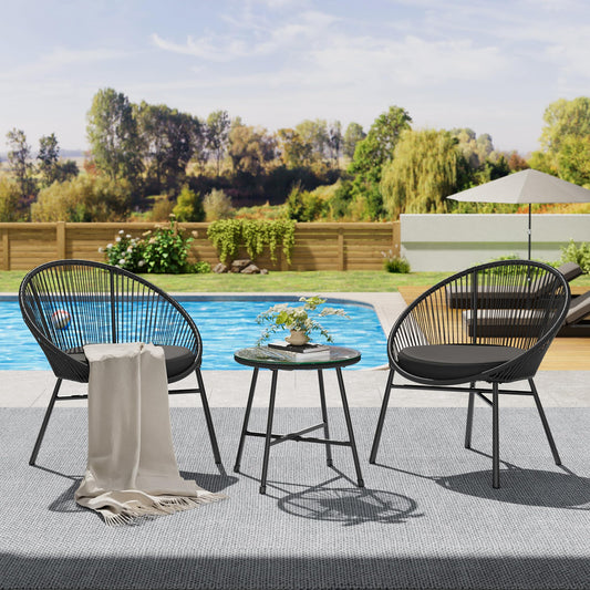 3 Piece Patio Bistro Set, Outdoor Acapulco Chairs Set of 2 with Glass Top Table, All Weather Modern Patio Chairs with Cushions, Patio Conversation Bistro Set for Deck, Backyard, Balcony, Porch, Black