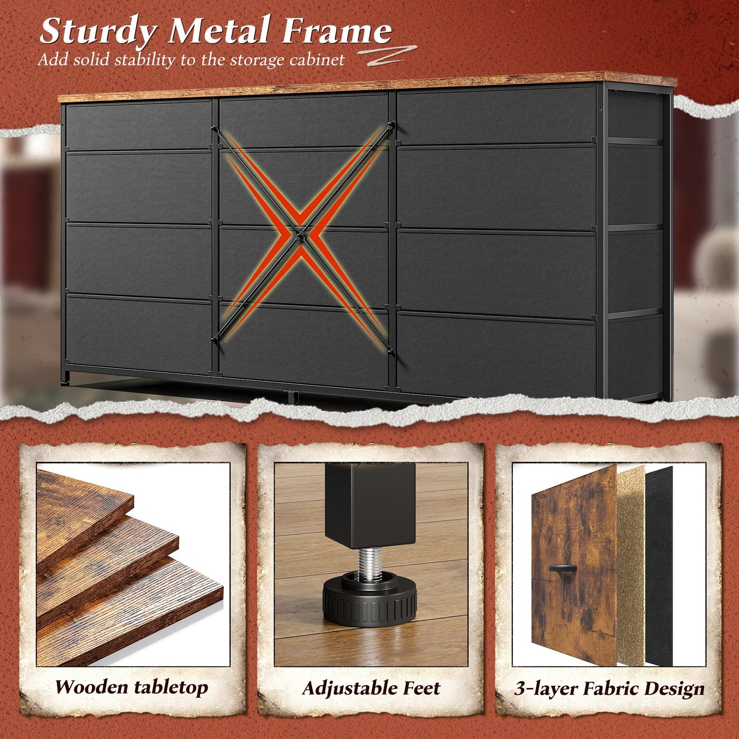 55" Dresser for Bedroom with 12 Fabric Drawers, Entertainment Center for 60 inch TV Dressers & Chests of Drawers Large Storage Organizer for Closet, Living Room, Metal Frame, Wood Top, Rustic Brown
