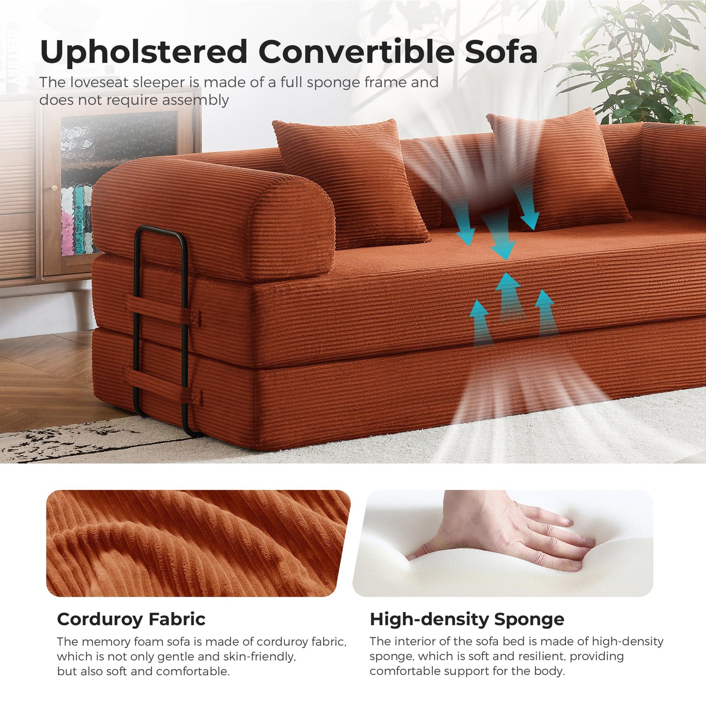 79" Convertible Sleeper Sofa Bed, Floor Sofa Lounge Couch with Fixed-Shape Frame, Modular Sectional Sofa Bed with 2 Pillows, Corduroy Loveseat Couches for Living Room, Bedroom, Lounge Studio（Orange）