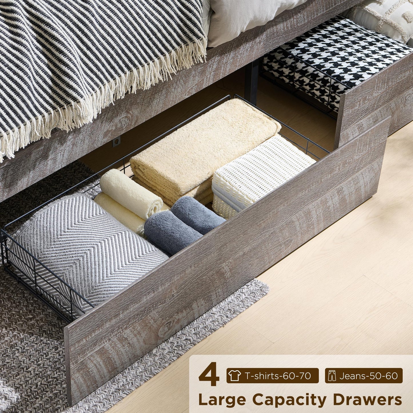ACCOHOHO Queen Size Bed Frame with 47" Tall Storage Bookcase Headboard, Modern Wood Platform Bed with 4 Drawers, Charging Station and LED Lights, Noise Free, No Box Spring Needed, Light Grey