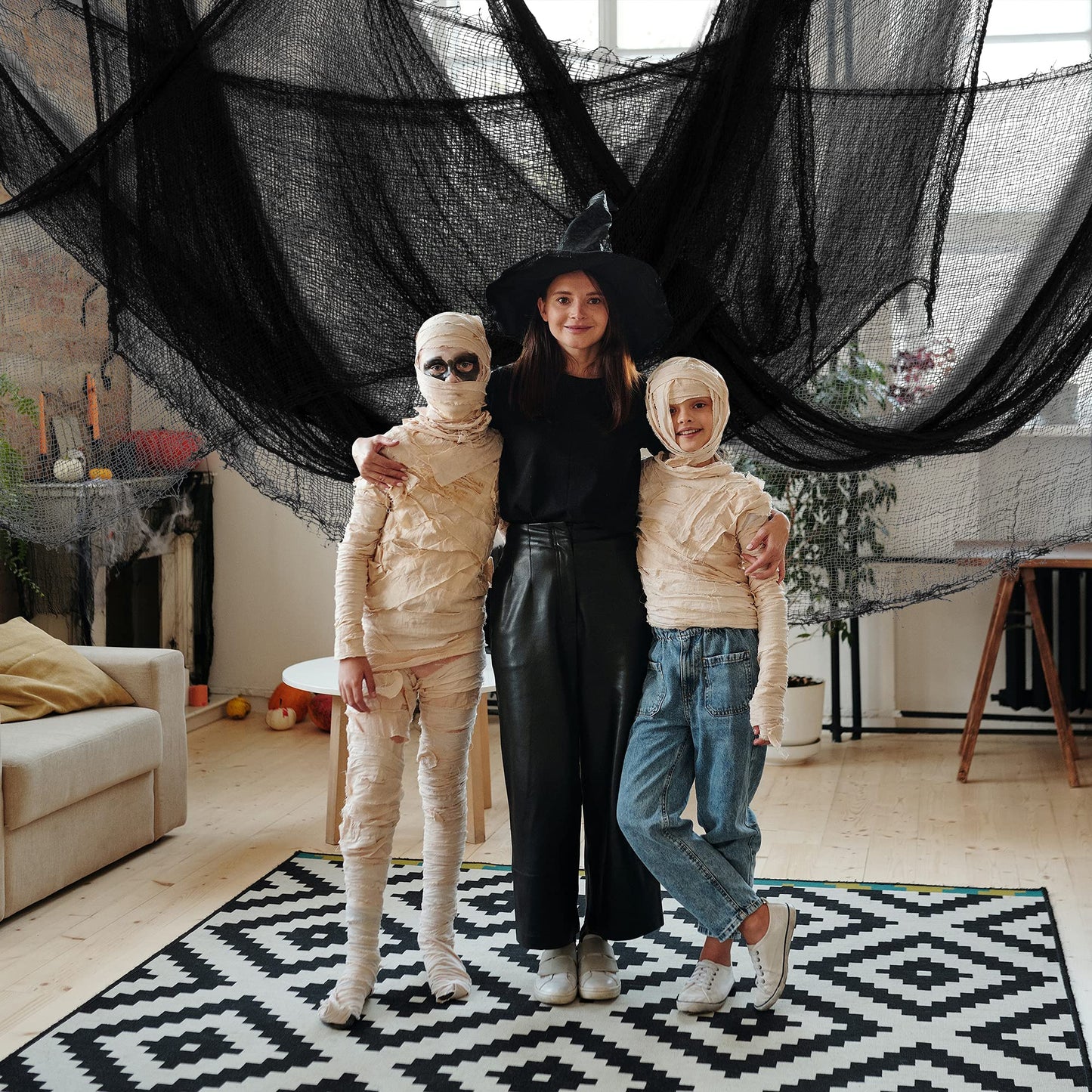 Watayo 500 x 39 Inch Large Size Halloween Creepy Cloth, Halloween Black Scary Spooky Cloth, Windows Doorways Cover Gauze for Halloweens Haunted House Party Decor
