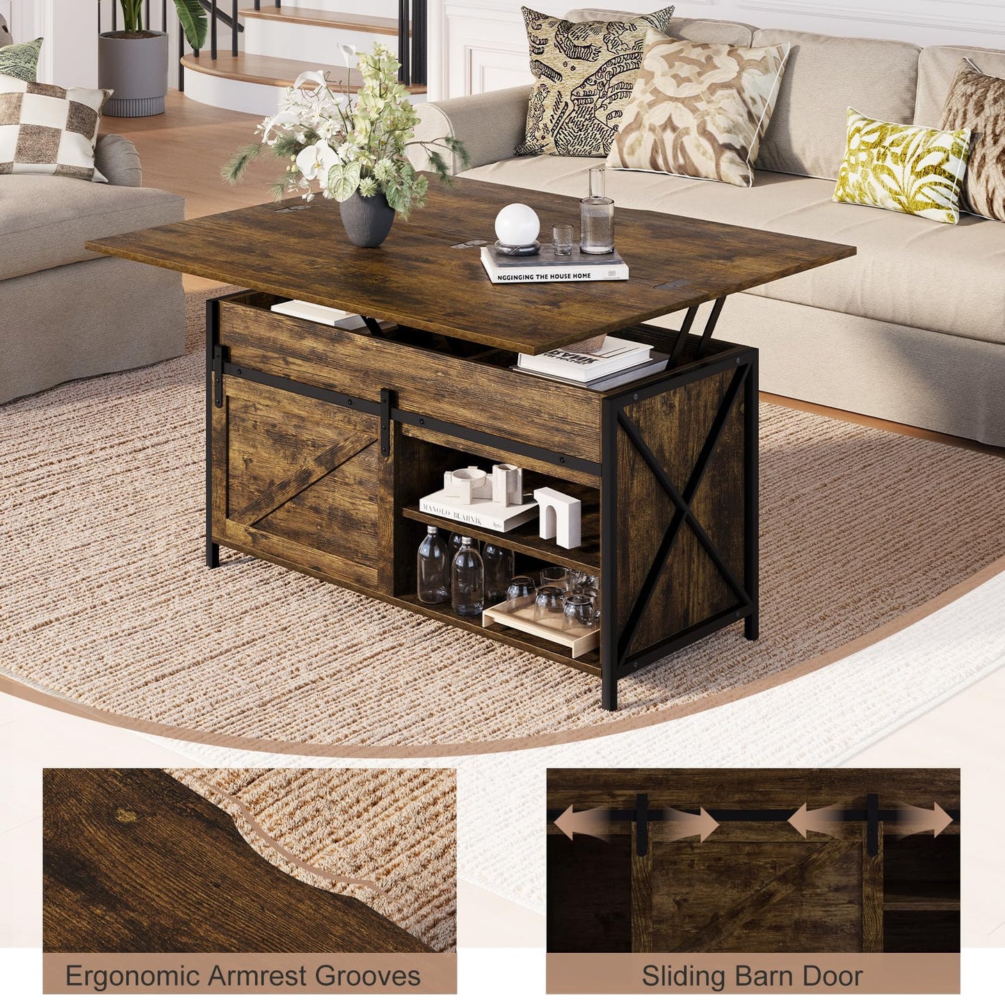 Vividwood Lift Top Coffee Table with Storage and Sliding Door, 4 in 1 Multi-Function Convertible Tea Table with Hidden Compartment, Farmhouse Center Table with Wood Lift Tabletop for Living Room Brown