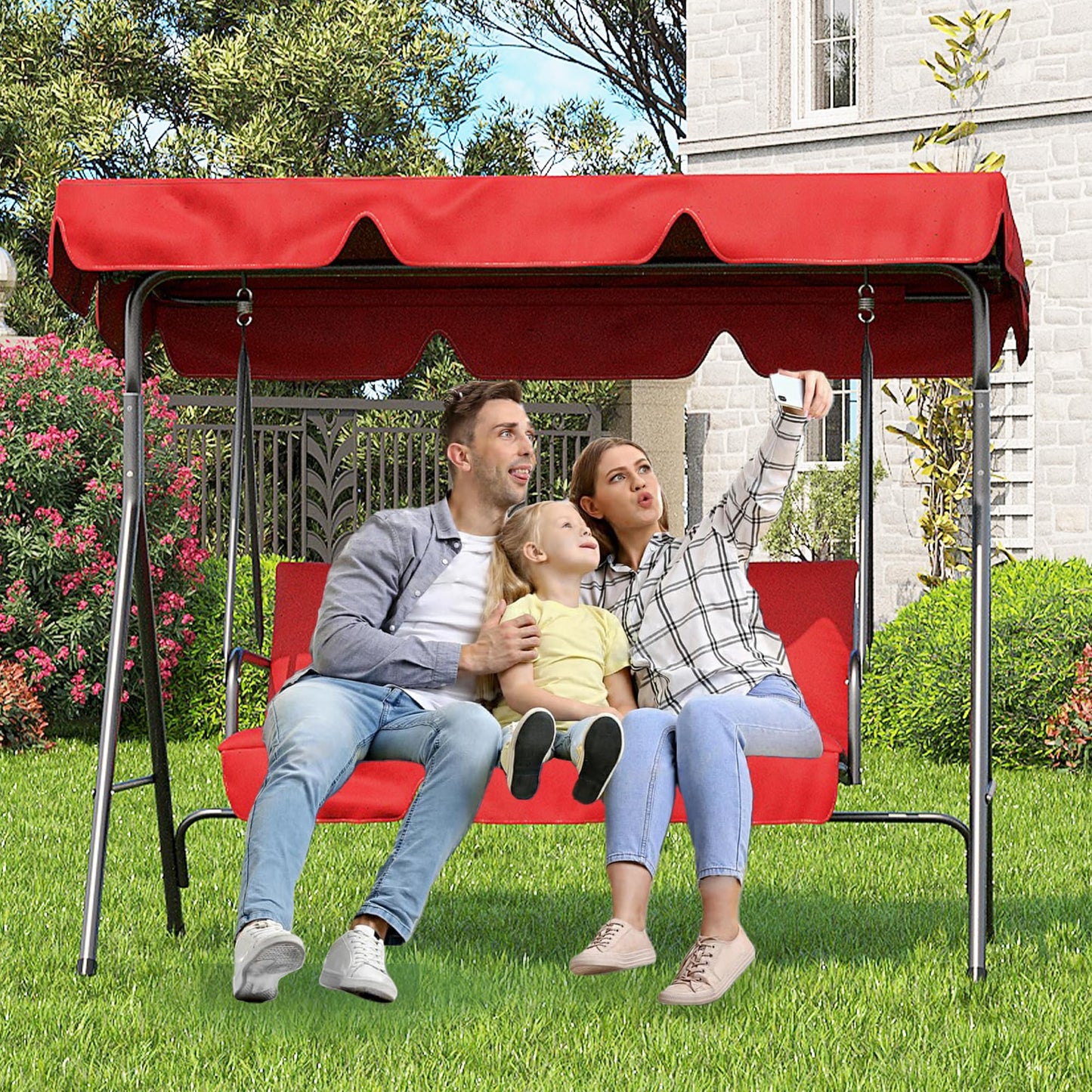 3 Person Patio Swing Chair with Canopy for Porch, Convertible Canopy Hanging Glider Lounge Chair, Patio SwingWith Adjustable Tilt Shade
