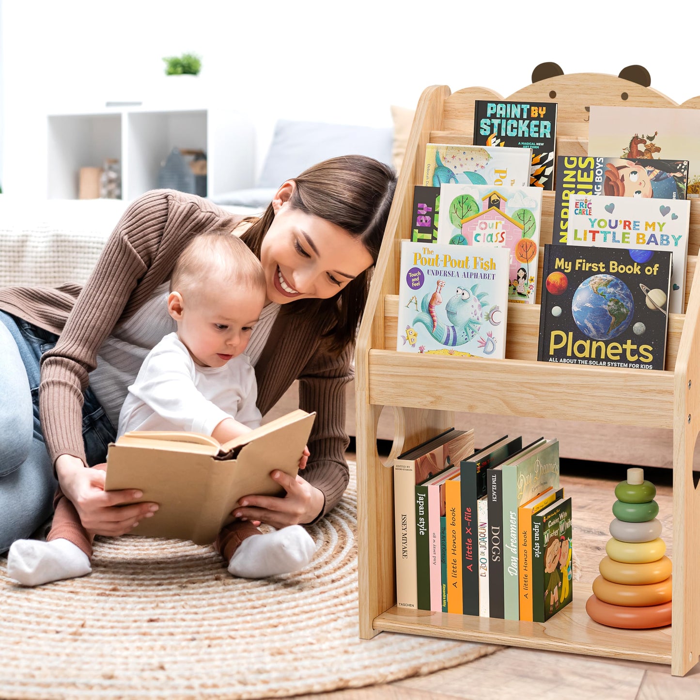 Woodtoe 5 Tier Montessori Bookshelf with Toy Storage, Large Toddler Bookshelf with Chalkboard, Baby Bookcase Book Display Shelve for Kids Bedroom, Nursery, Classroom, Kids Furniture for Boys Girls 1+
