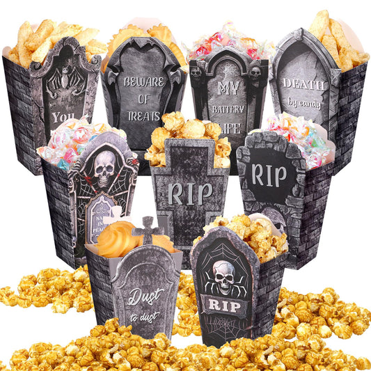 Weekgrat 90 Pcs 9 Styles Halloween Popcorn Boxes Cardboard Popcorn Bags Snack Boxes Spooky Treat Bags for Candy Biscuits Halloween Party Favors(Tombstone)
