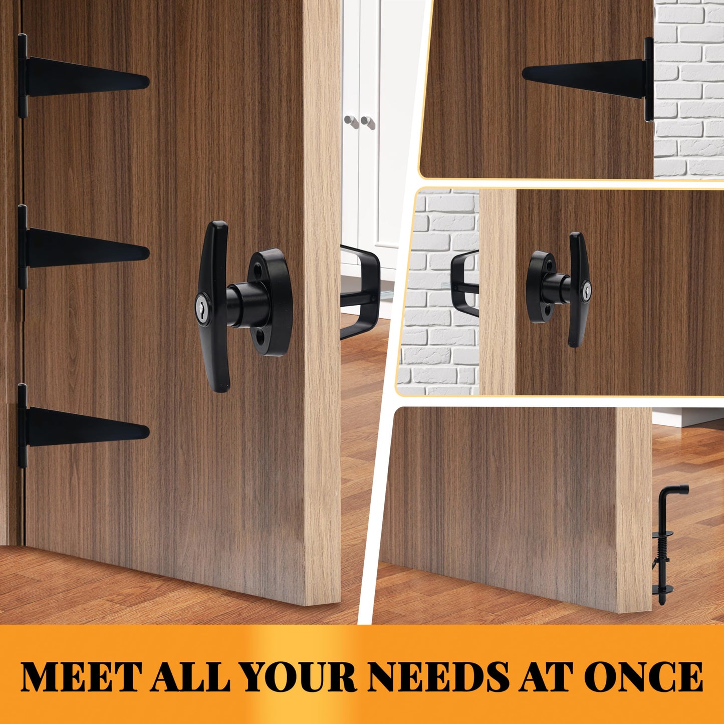 Shed Door Latch, 5.5" Shed Door Lock with 6 Pcs 6" T-Hinges and 2 Pcs Shed Door Latches, Heavy Duty Shed Door Handle, Double Door Lock Installation Kit for Window, Gate, Barn, Playhouse, Chicken Coop
