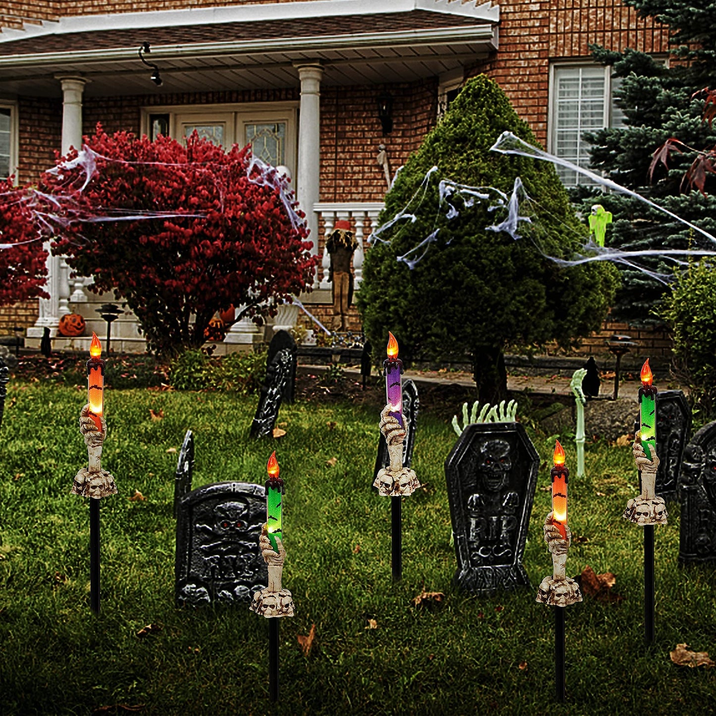 LJLNION Halloween Decorations, 5 Pack Halloween Garden Stake Lights, Tabletop Candle Light with Skeleton Ghost Hand, Waterproof & Battery Operated, Light Up Yard Stakes for Indoor/Outdoor Garden Decor