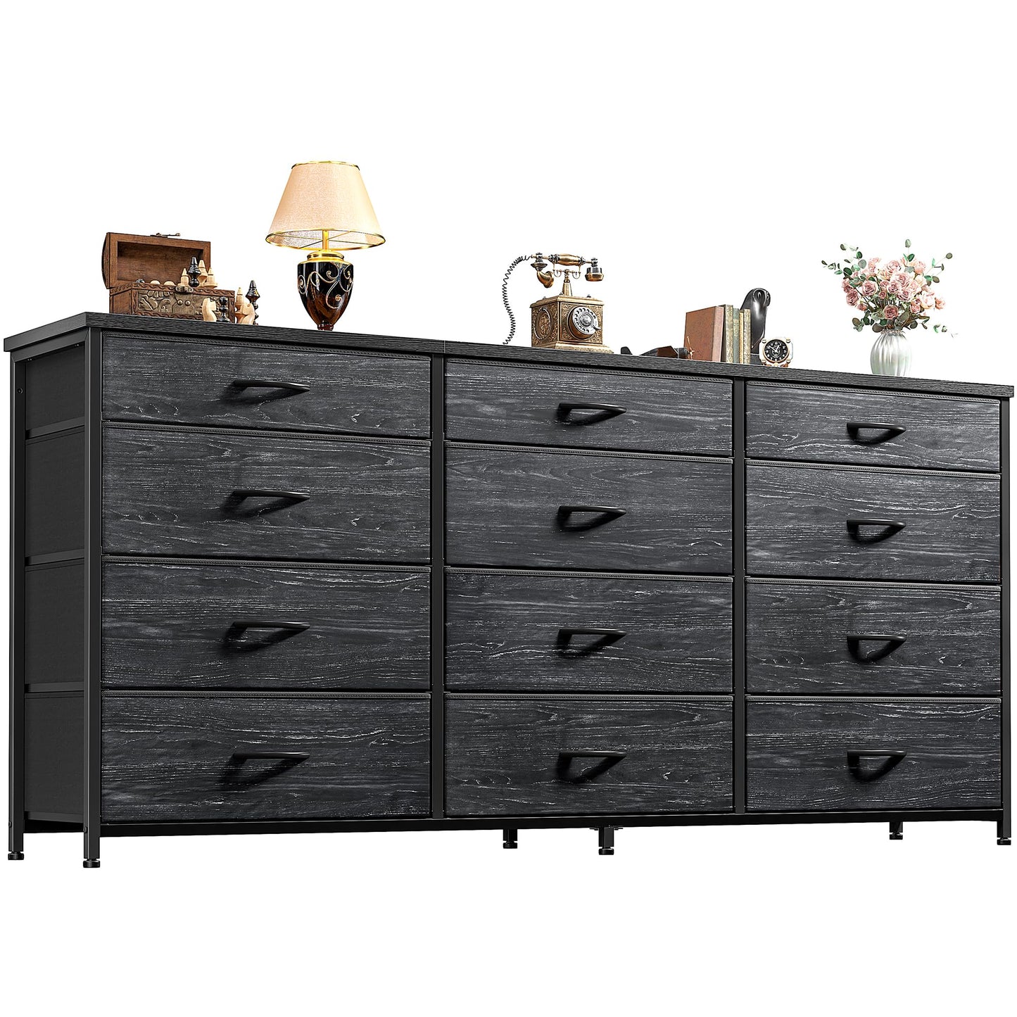 55" Long Dresser for Bedroom with 12 Fabric Drawers, Entertainment Center for 60 inch TV Dressers & Chests of Drawers Large Storage Organizer for Closet, Living Room, Metal Frame, Wood Top, Black