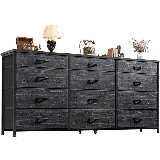 55" Long Dresser for Bedroom with 12 Fabric Drawers, Entertainment Center for 60 inch TV Dressers & Chests of Drawers Large Storage Organizer for Closet, Living Room, Metal Frame, Wood Top, Black