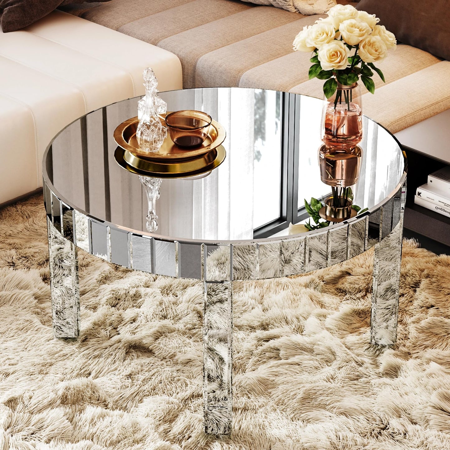 31.5in Round Mirrored Coffee Table, Wood Frame Glass Top Cocktail Coffee Table for Living Room Office, Modern Home Decor Sparkling Circular Sofa Center Table (Silver, 31.3''Lx31.3''Wx17.7''H)