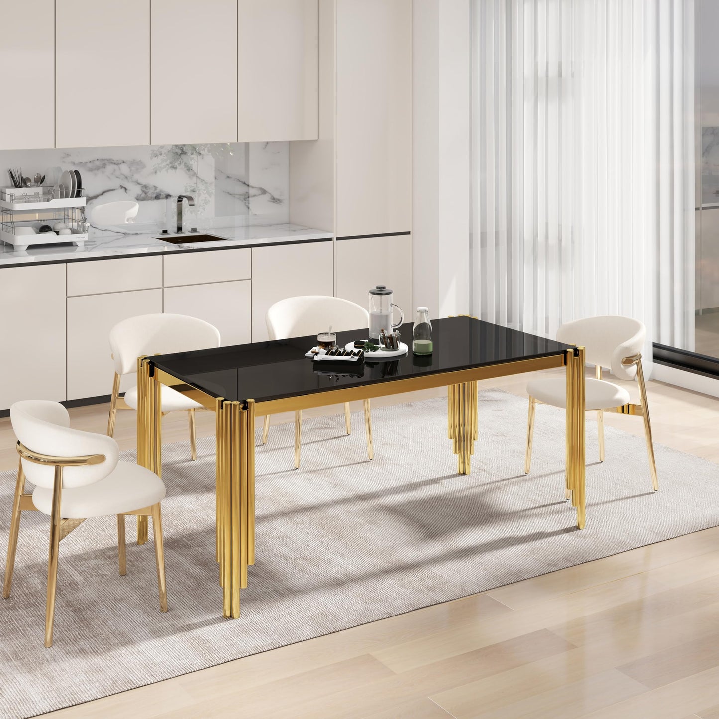 65" Glass Dining Table,Black Tempered Glass Kitchen Tabe with Gold Legs,Golden Dinner Table for 4-6,Rectanglar Modern Dining Table for Apartment,Dining &Kitchen Room(Table Only)
