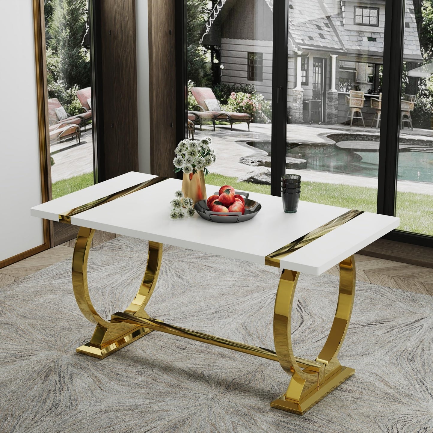 ACEDÉCOR 60" White and Gold Dining Table, Modern Luxury Kitchen Room Table with Rectangular Gloss Lacquer Top and Gold Stainless Steel U-Shaped Base