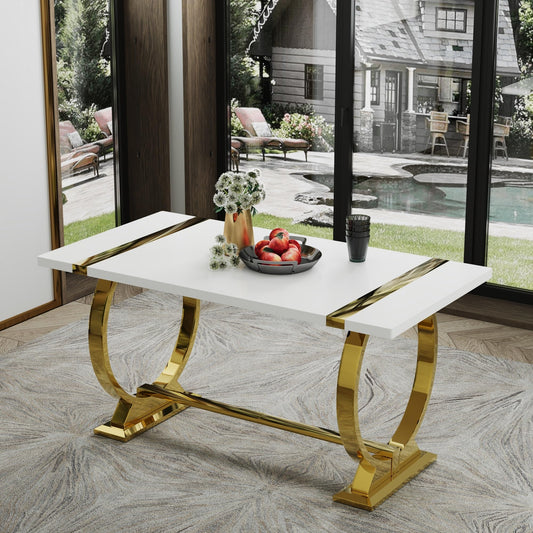 ACEDÉCOR 60" White and Gold Dining Table, Modern Luxury Kitchen Room Table with Rectangular Gloss Lacquer Top and Gold Stainless Steel U-Shaped Base