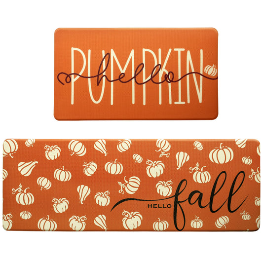 VivaNest Fall Autumn Pumpkin Orange Kitchen Rug Sets [2 PCs], Anti-Fatigue, Waterproof Non-Slip Kitchen Mats Heavy Duty Comfort Foam Rug for Kitchen, Floor, Laundry,17"x29"+17"x47"