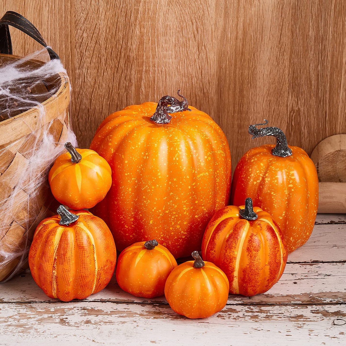 7Pcs Artificial Pumpkins of all Styles Halloween Decoration Rural Style Farmhouse Foam Pumpkin Harvest Season Thanksgiving Day is Suitable for Table top House Dining Table Party Decoration (Orange)