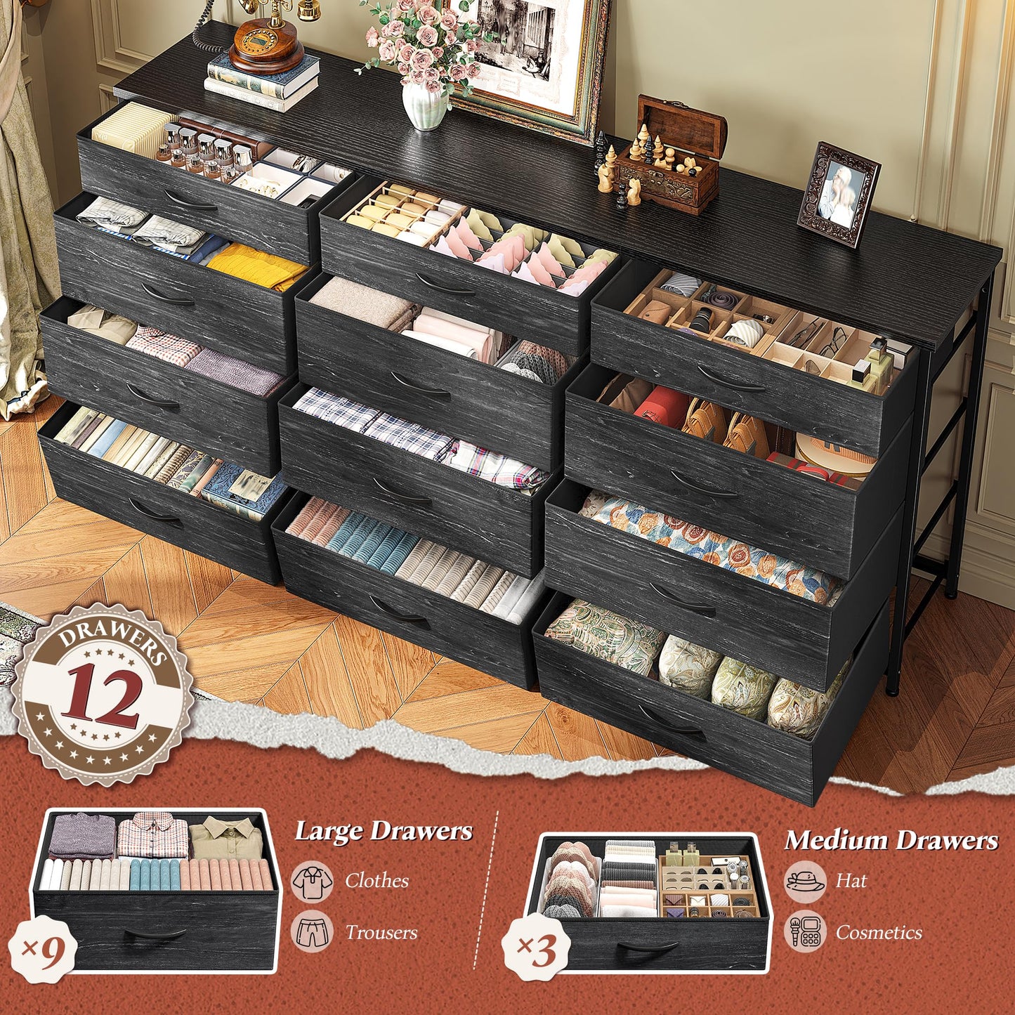 55" Long Dresser for Bedroom with 12 Fabric Drawers, Entertainment Center for 60 inch TV Dressers & Chests of Drawers Large Storage Organizer for Closet, Living Room, Metal Frame, Wood Top, Black