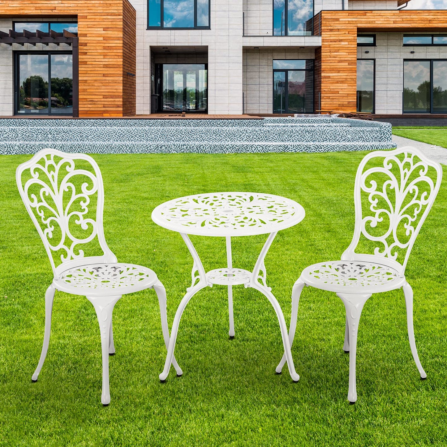 Withniture Bistro Set 3 Piece Outdoor Cast Aluminum Patio Bistro Set with Umbrella Hole, All Weather Bistro Table and Chairs Set, Small Patio Furniture Set for Garden, Porch,White