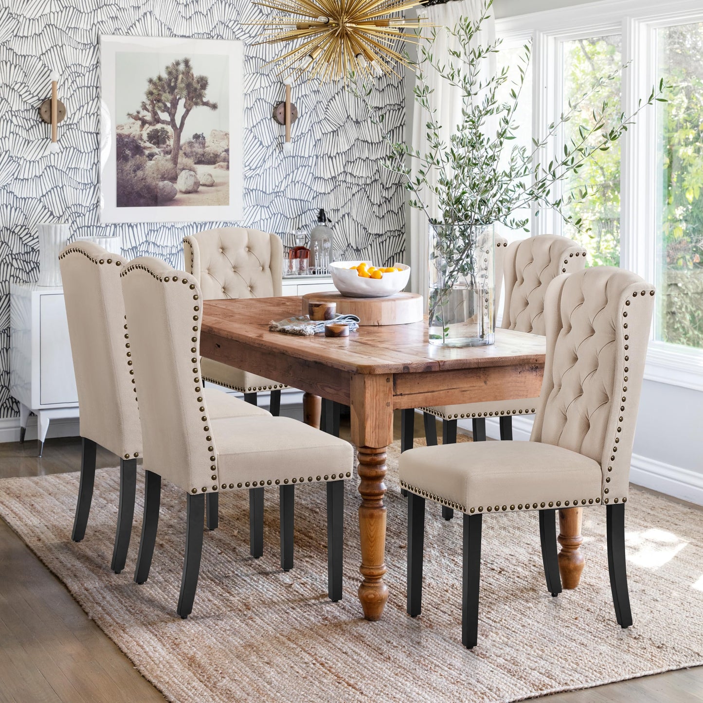 Yaheetech Upholstered Dining Chairs Set of 6 Button Tufted Kitchen Chairs with Solid Wood Legs and Nailhead Trims for Dining Room, Living Room, Restaurant, Beige