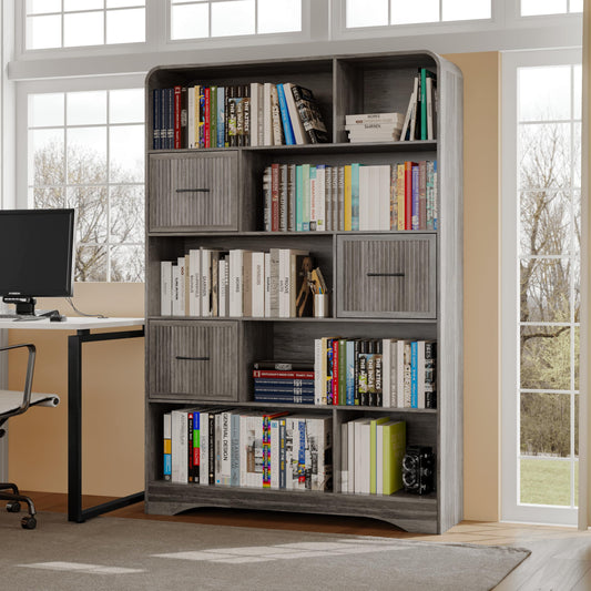 70" Book Shelf and Bookcase, Tall Bookshelf with Drawers, 48" Wide Modern 5 Tier Bookcase with 3 Bins Storage, Large Wood Display Cabinet with Adjustable Bin Storage for Living Room, Home Office, Grey