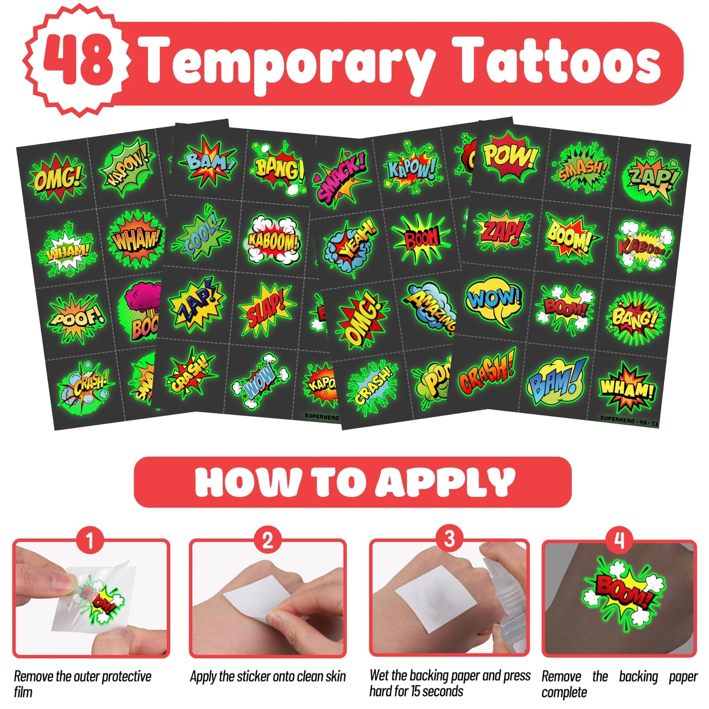 72 PCS Superhero Party Favors – 48 PCS Tattoos & 24 PCS LED Finger Lights Combo – Birthday Goodie Bag Fillers, Party Supplies, Gifts Light Up Toys Glow In The Dark for Boys and Girls