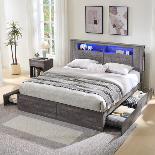 ACCOHOHO Queen Size Bed Frame with 47" Tall Storage Bookcase Headboard, Modern Wood Platform Bed with 4 Drawers, Charging Station and LED Lights, Noise Free, No Box Spring Needed, Light Grey