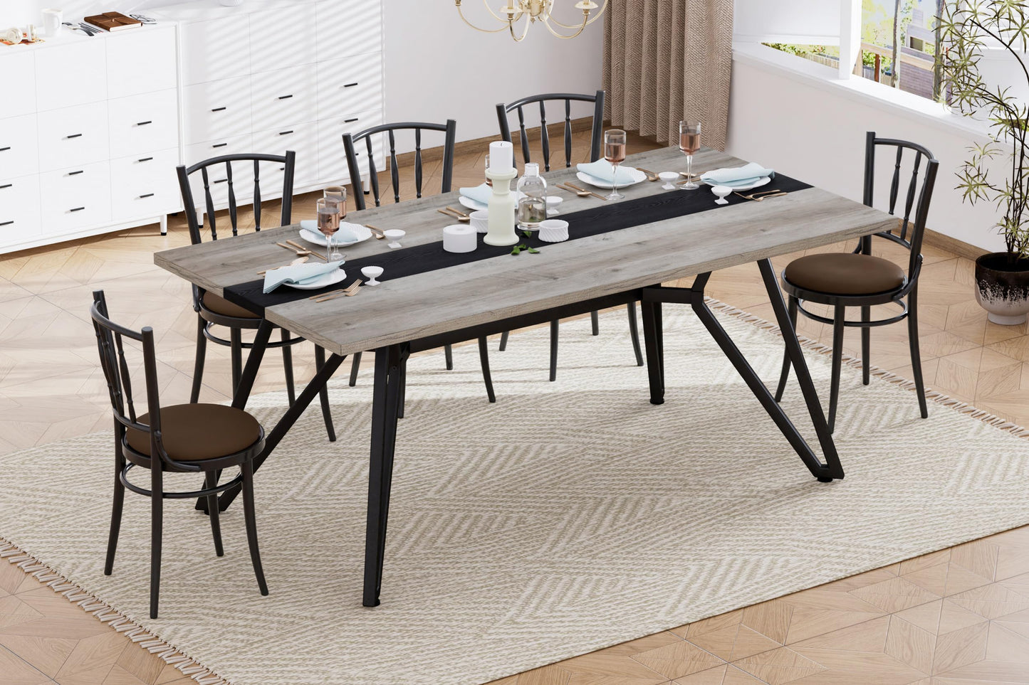 71" Long Dining Table for 6-8 People, Modern Farmhouse Wooden Dining Room Table with Adjustable Metal Legs, Large Rectangular Kitchen Tables for Dinner Party Family Gathering, Grey
