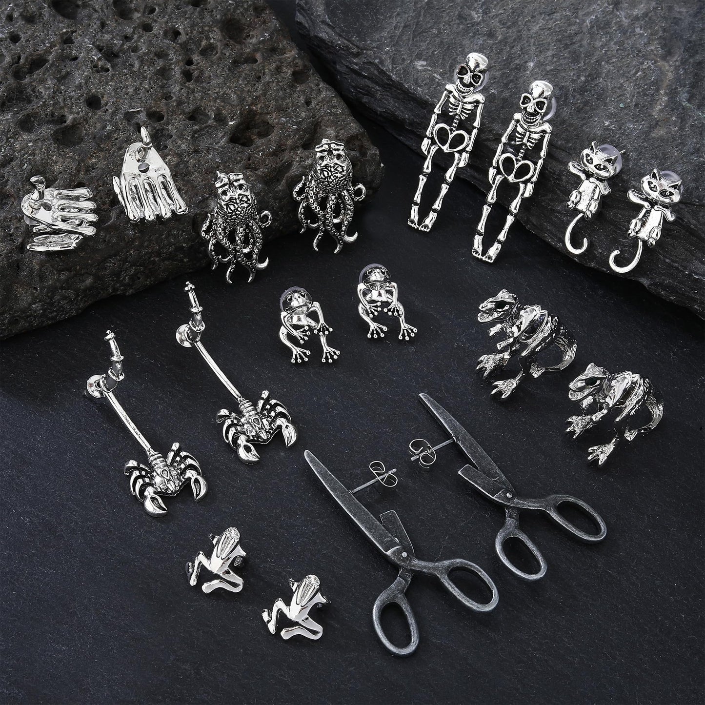 9 Pairs Gothic Skeleton Octopus Frog Unique Earrings for Women Men Vintage Dangle Earrings Scary Funny Statement Costumes Jewelry Human Skull Funny Jewelry (9 Pairs)