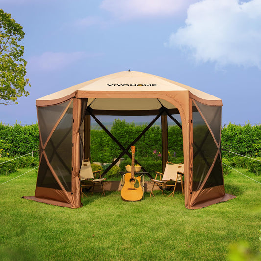 VIVOHOME 12x12ft Pop-Up Gazebo Screen Tent, 6-Sided Instant Outdoor Canopy Shelter with Large Main Door, Wind Panels, and Screens for Outdoor Parties, Camping, Lawn and Backyard