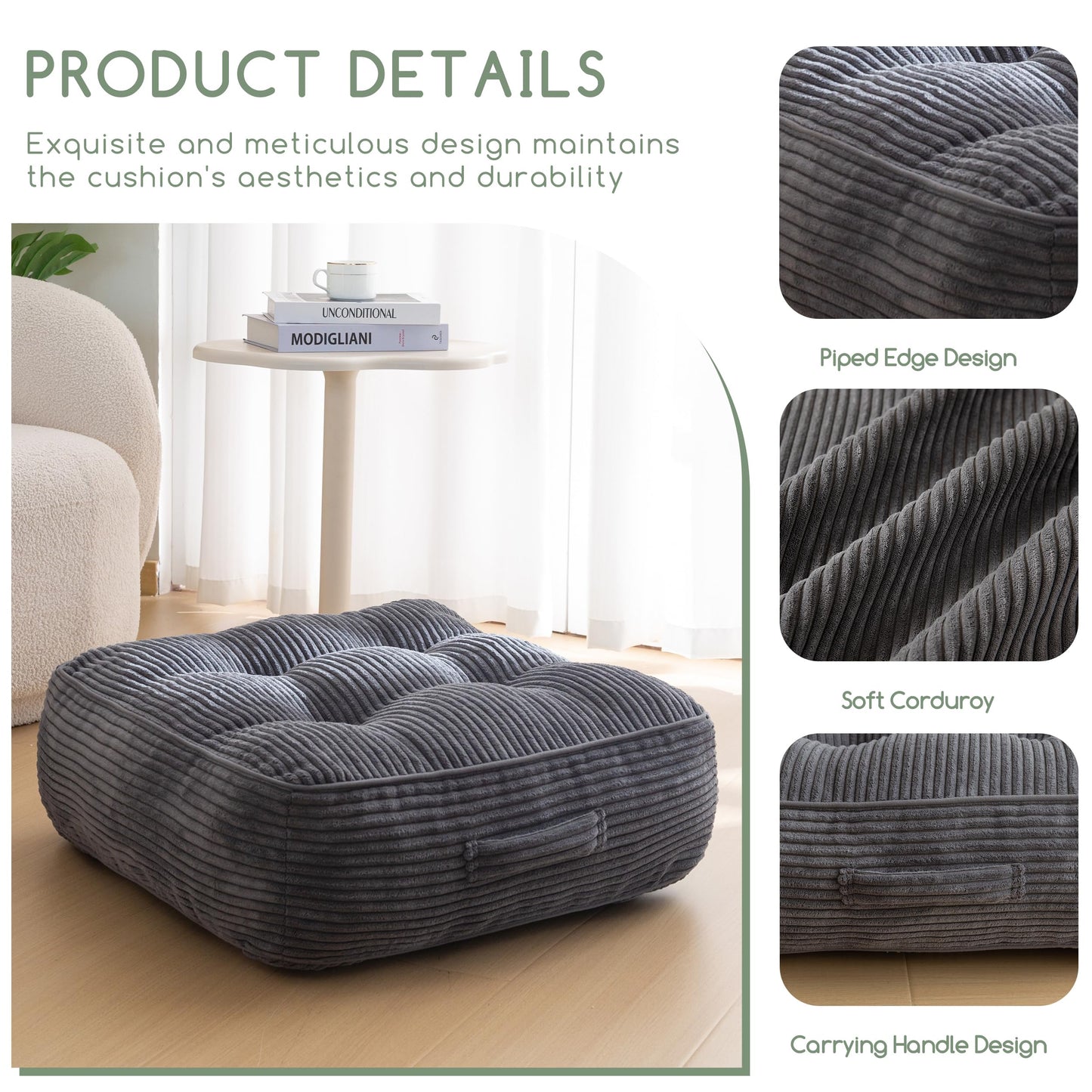 8" Washable Floor Pillow Cushion for Adults, Meditation Cushion Pillow, Large Square Floor Sitting, Removable Tufted Corduroy Cover, for Tatami Living Room or Yoga, 22x22 Inch, Machine Washable
