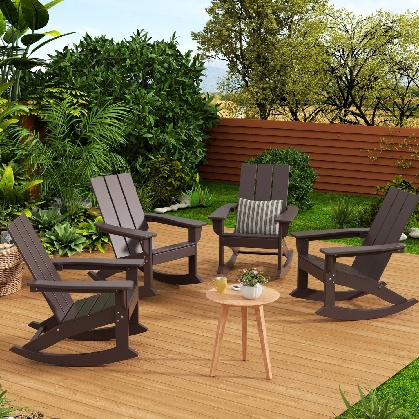 WestinTrends Ashore Patio Rocking Chair, All Weather Poly Lumber Plank Adirondack Rocker Chair, Modern Farmhouse Outdoor Rocking Chairs for Porch Garden Backyard and Indoor, Dark Brown