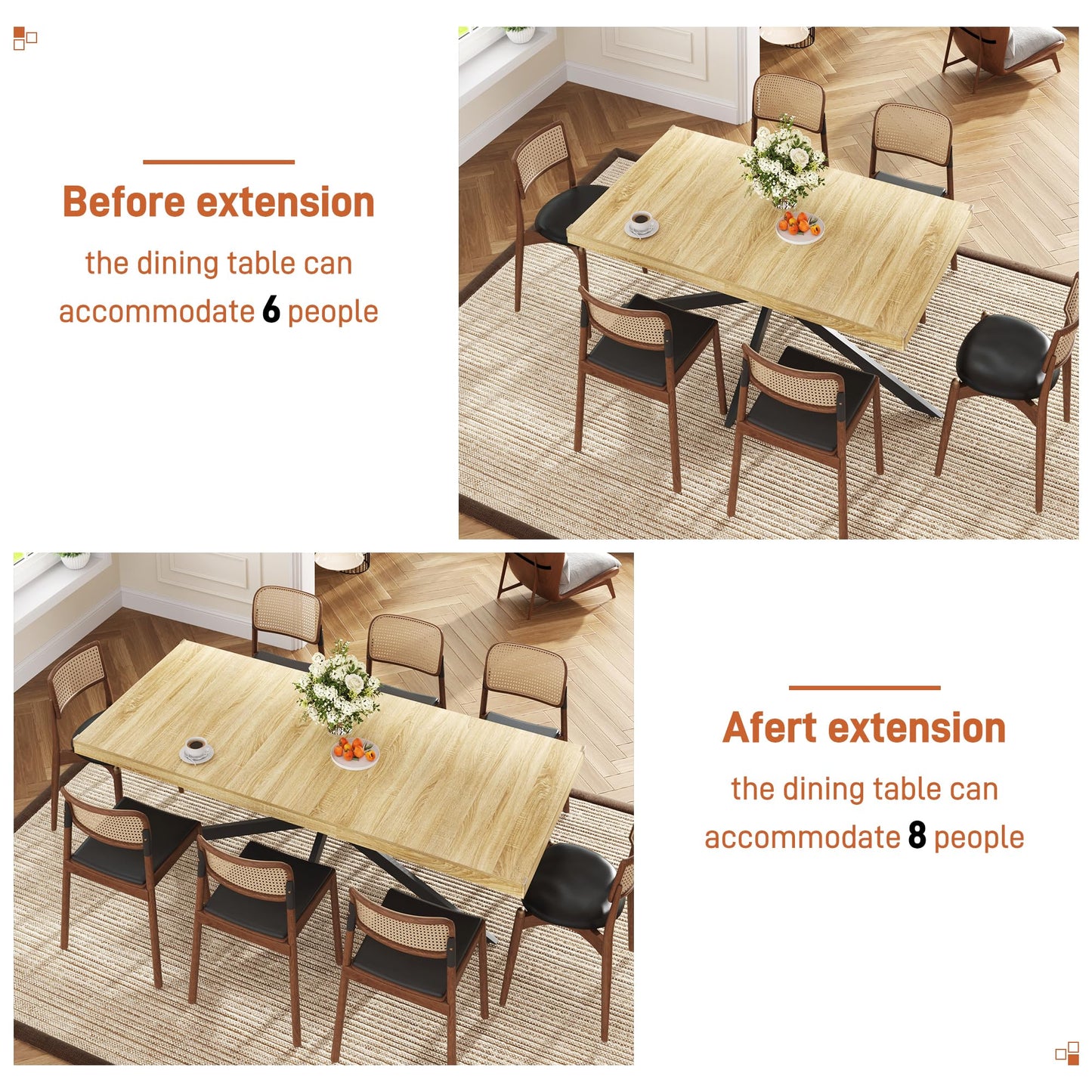 59In-78Inch Extendable Rectangular Dining Table for 6 8 People, Wood Long Dining Room Table W/Removable Leaves,Space Saving,Modern Dinner Table W/Waterproof Tabletop&Metal Legs for Kitchen Living Room