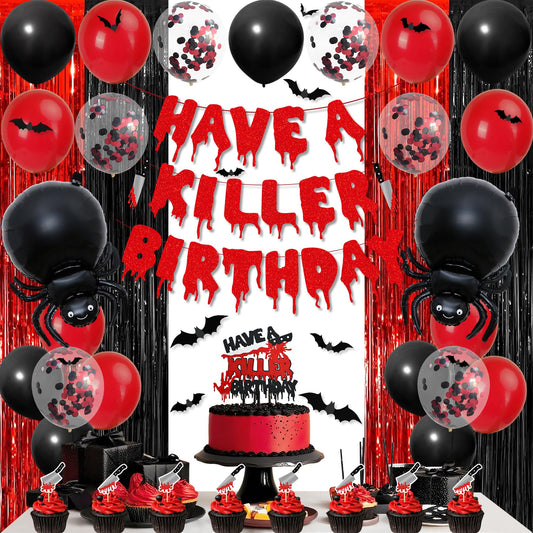 Vlipoeasn Have a Killer Birthday Decorations, Black Red Halloween Birthday Glitter Banner, Balloons, Blood Knife Cake Toppers for Halloween Decorations Supplies, Horror Backdrop Party Decor