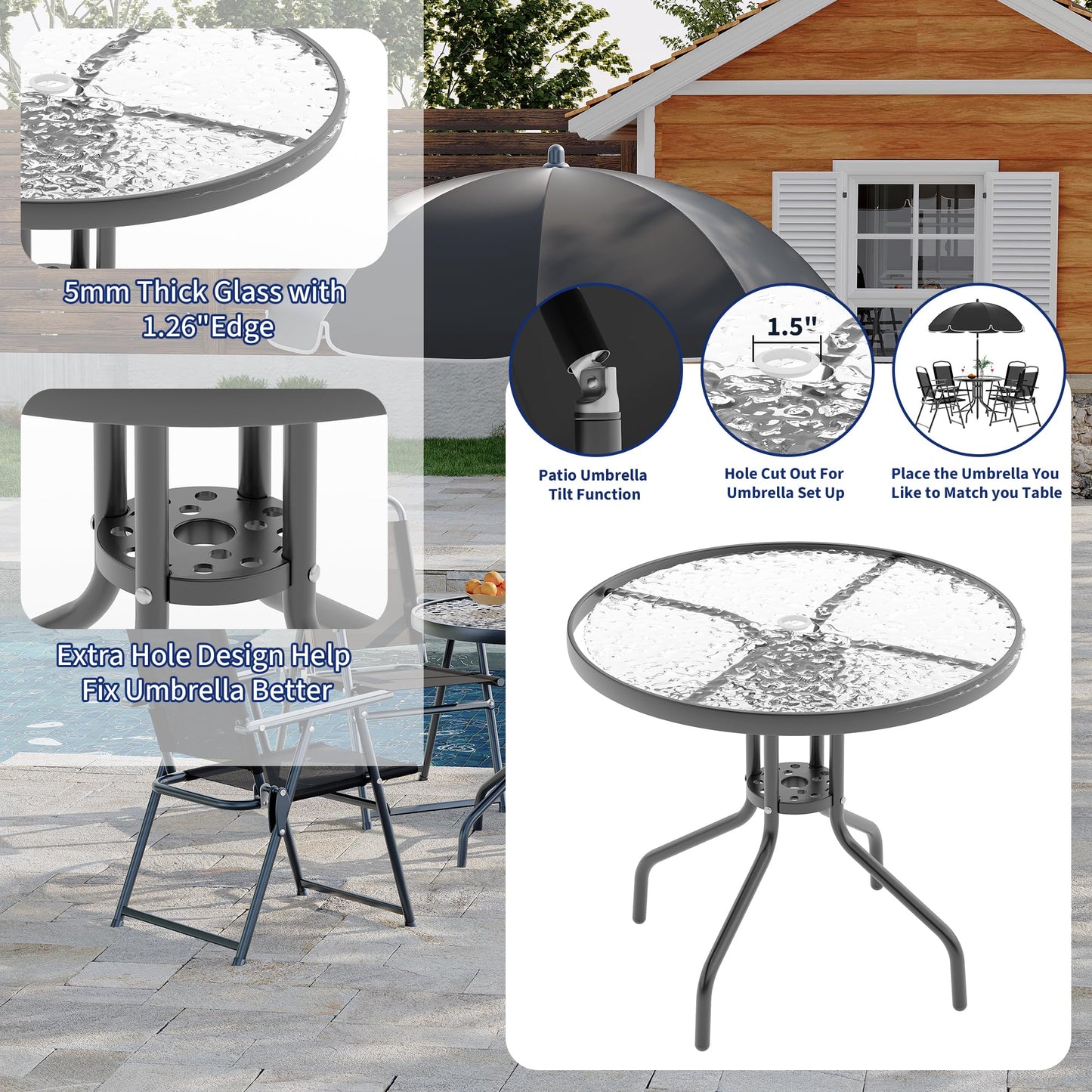 6 Pieces Outdoor Dining Set With Umbrella, Patio Table and 4 Folding Chairs With Umbrella, Garden Patio Furniture Set With Umbrellas, Tempered Glass Top Dining Table