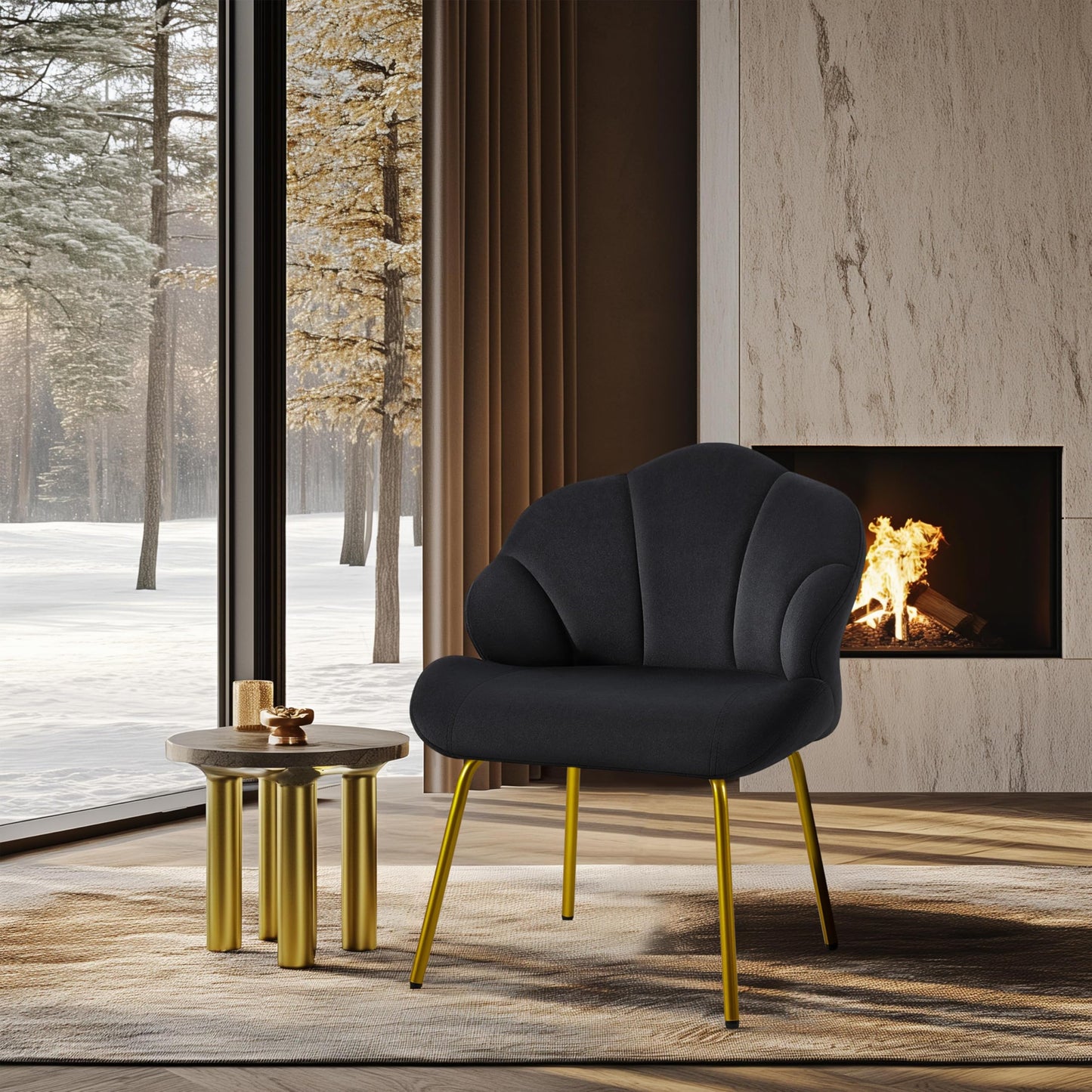 Yaheetech Vanity Chair, Velvet Accent Chair with Shell-Shaped Backrest, Modern Armchair with Gold Metal Legs for Dressing Room/Bedroom/Living Room, Black