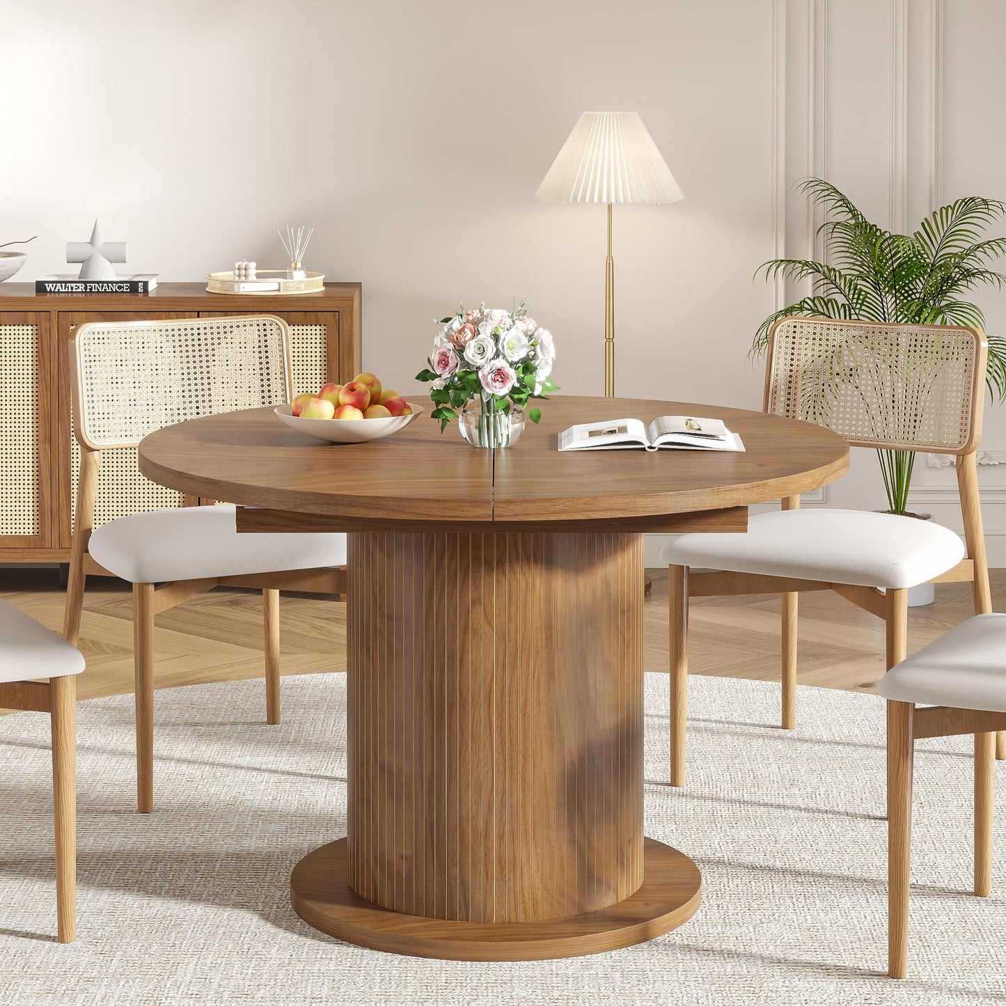 59 inch Adjustable Size Round Dining Table for 4 6, Unique Design Modern Farmhouse Kitchen Table, Fluted Base for Home Dining Room Living Room(Walnut)