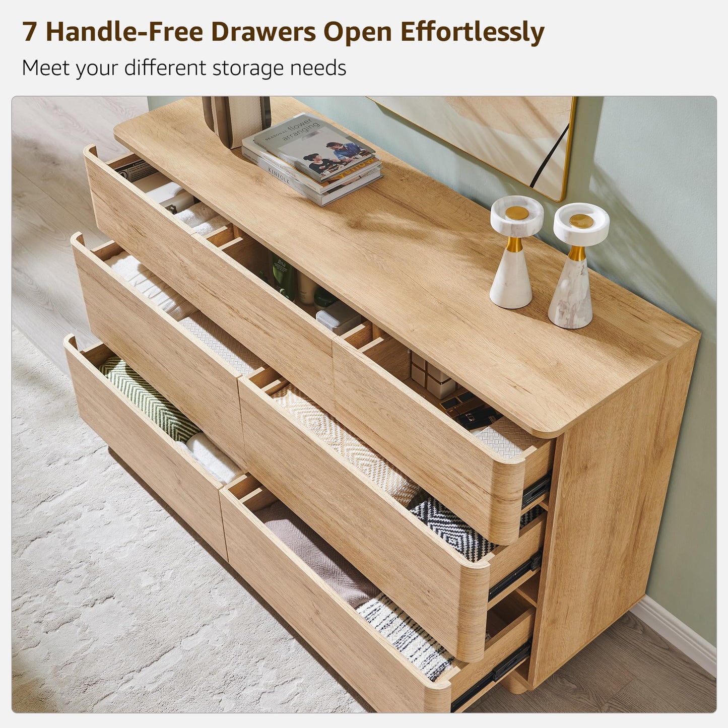 ACCOHOHO Modern 7 Drawer Dresser for Bedroom, 52" Wide Handleless Chest of Drawers, Push-to-Open Large Wood Storage, Dresser TV Stand for Bedroom, Living Room, Hallway, Curved Profile, Natural Oak