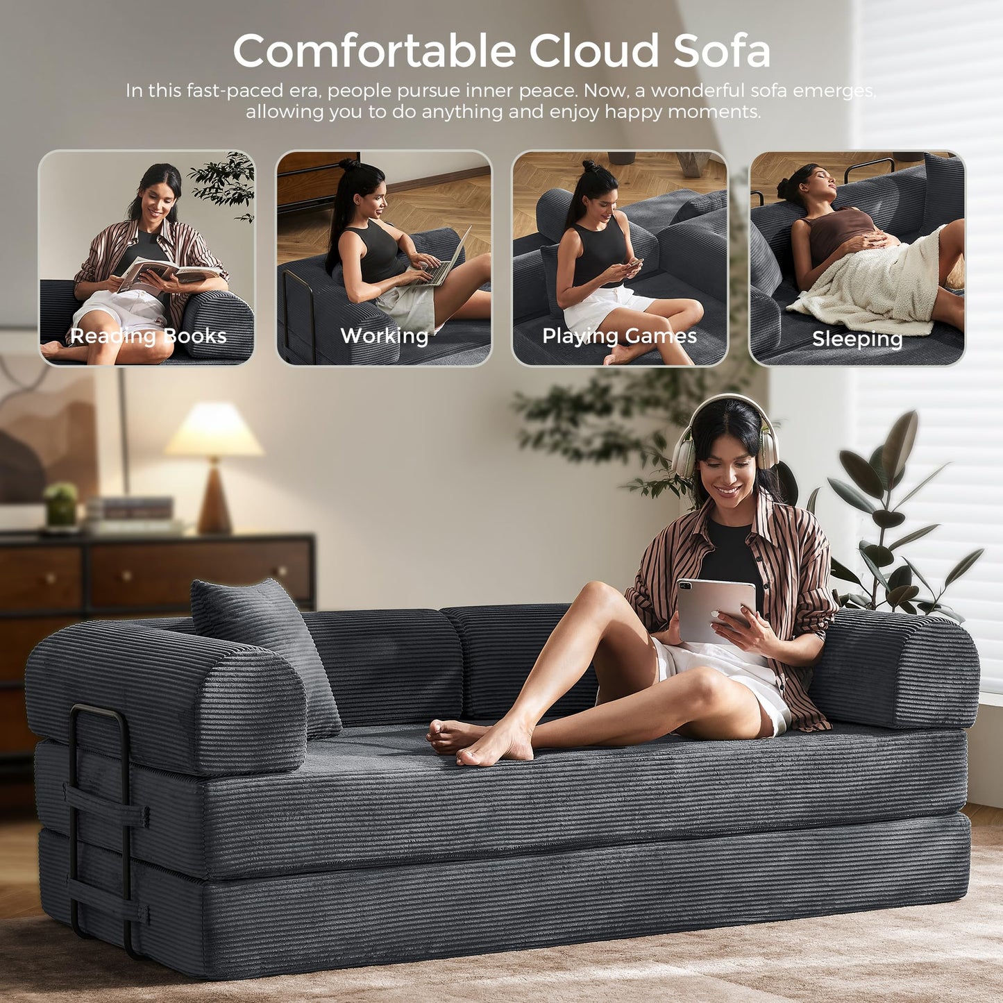 79" Convertible Sofa Bed with Fixed-Shape Frame & Removable Armrests, Modular Corduroy Sleeper Sofa, Folding Mattress Couch for Small Spaces - No Assembly Needed in Dark Gray (Includes 2 Pillows)