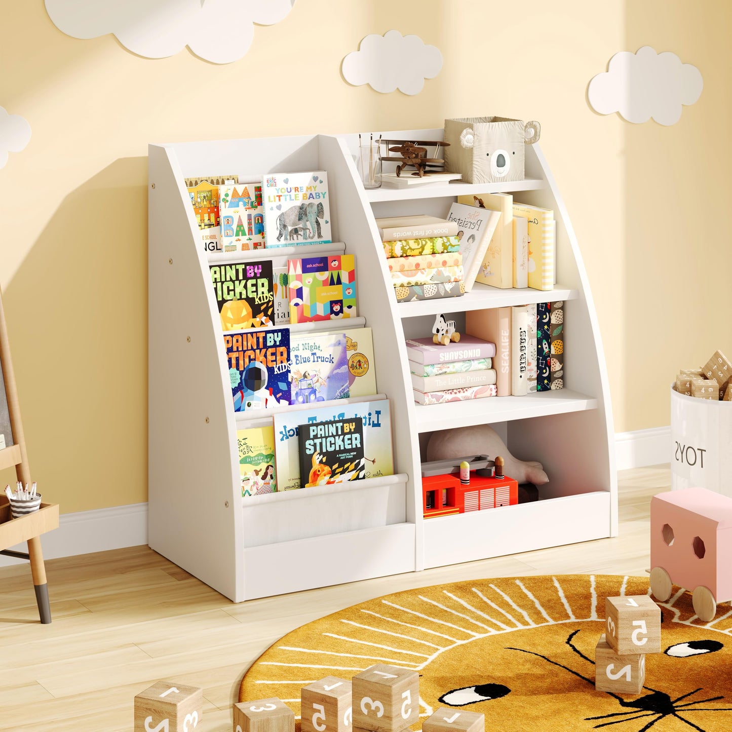 4 Tier Kids Bookshelf, 4 Layer Sling Kids Book Shelf for Kids Rooms,Wood Children Bookcase,Baby Storage Book Rack,Toddler Bookshelf, Book and Toy Organizer,Book Display Shelf for Bedroom, Nursery