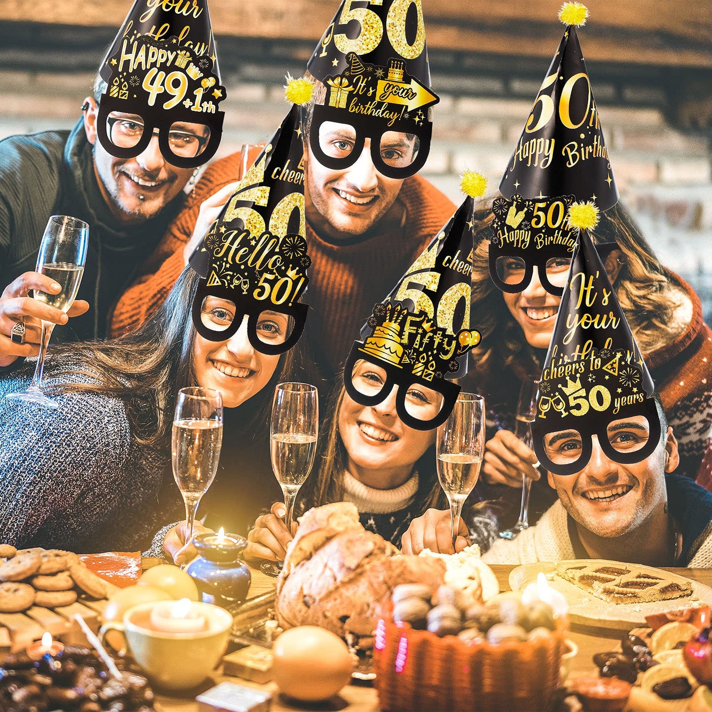 26 Pieces 50th Birthday Party Decoration Glasses and Hats Kits Black Gold Theme Paper Eyeglasses and Hats Funny Glasses and Hats Costume Accessories 50th Birthday Party Supplies for Men and Women