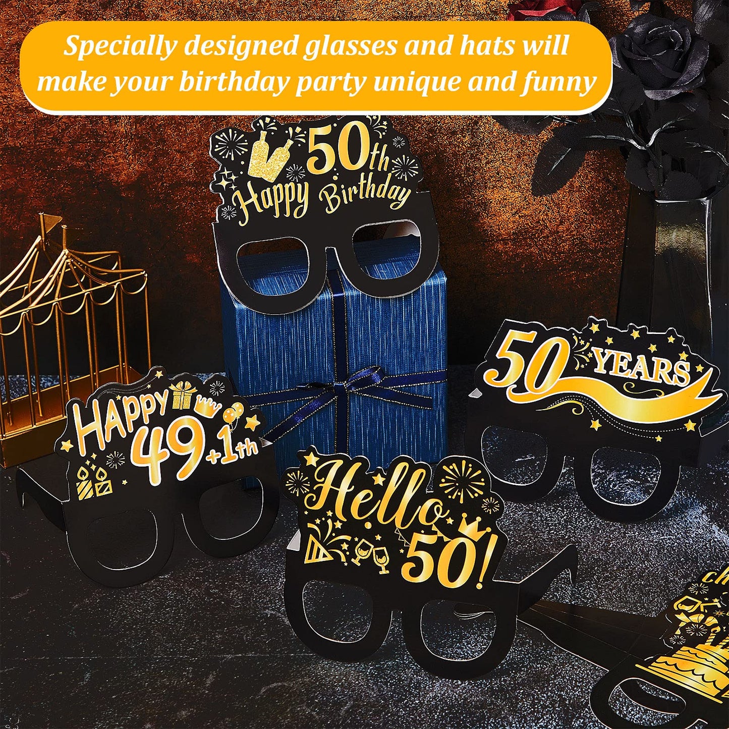 26 Pieces 50th Birthday Party Decoration Glasses and Hats Kits Black Gold Theme Paper Eyeglasses and Hats Funny Glasses and Hats Costume Accessories 50th Birthday Party Supplies for Men and Women